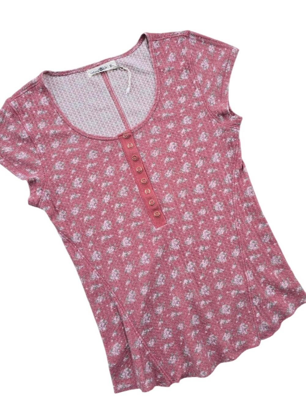 NATURAL LIFE Reagan Waffle Knit Henley Top Pink Floral Size Medium
